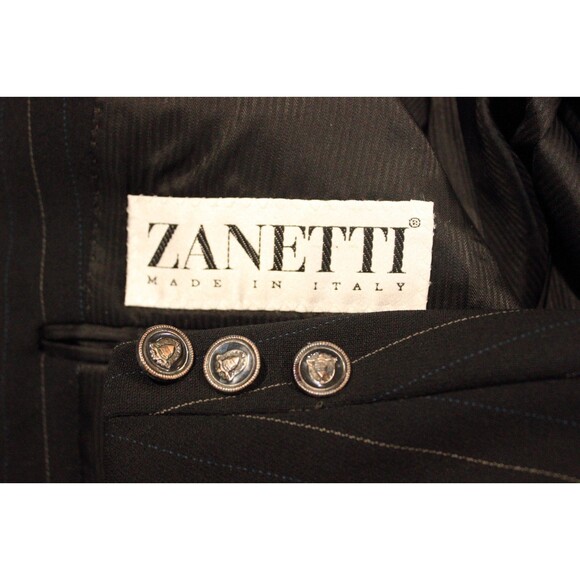 ZANETTI Mens 2 Piece Suit Black Striped 5 Btn Wool 44R Pleated Fronts 34" W - Picture 14 of 14